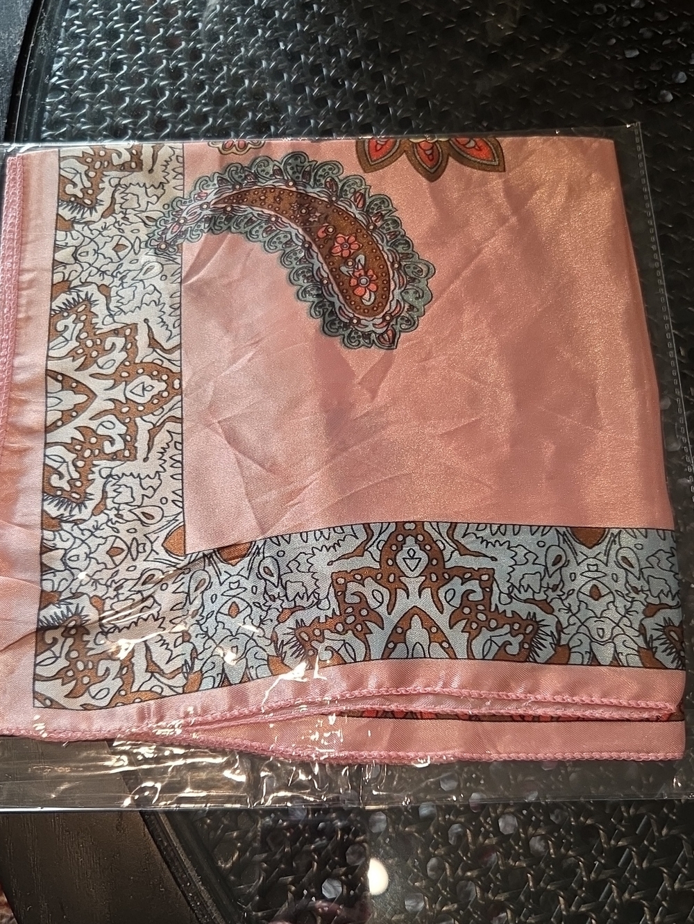 Pink Paisley Print Satin Like Scarf 19 x 19 in